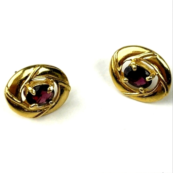 JJJ Oval Earrings Gold Tone Amethyst Purple Stone - Picture 1 of 6